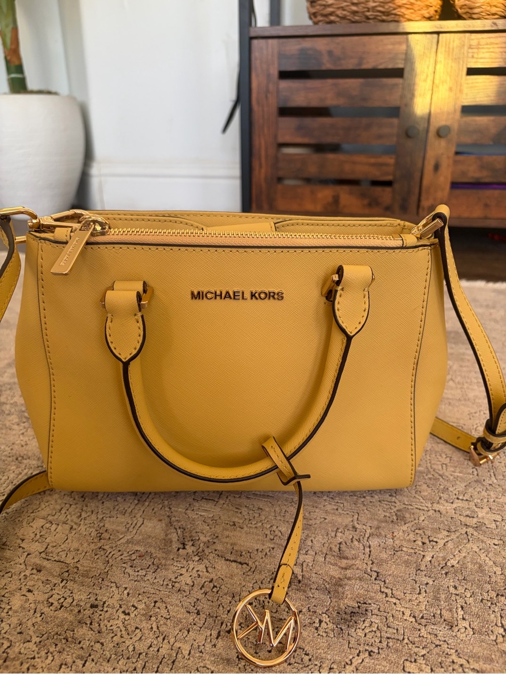Michael Kors Yellow Saffiano Leather Satchel with Gold MK Charm